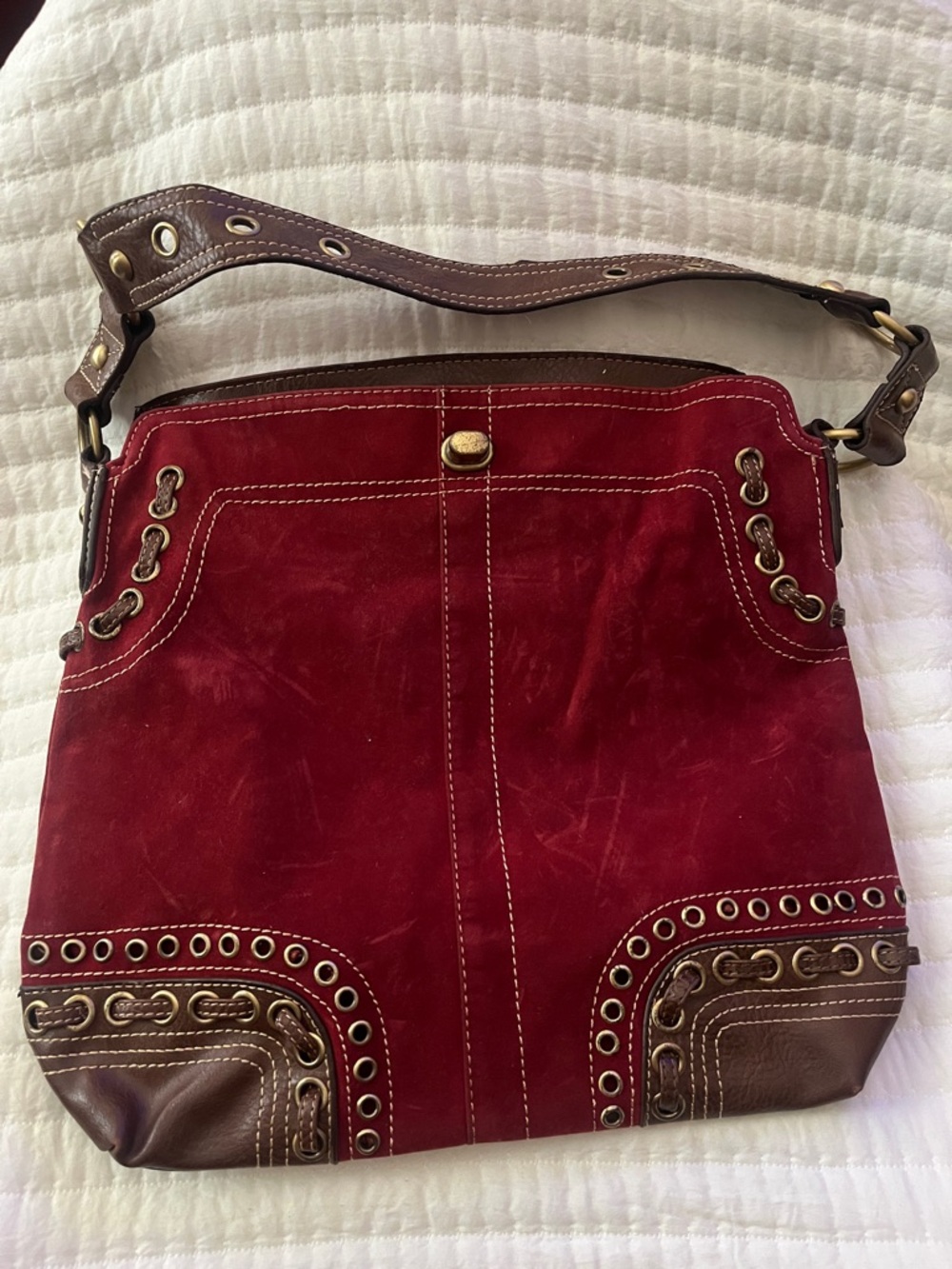 Red Suede Shoulder Bag with Brown Trim